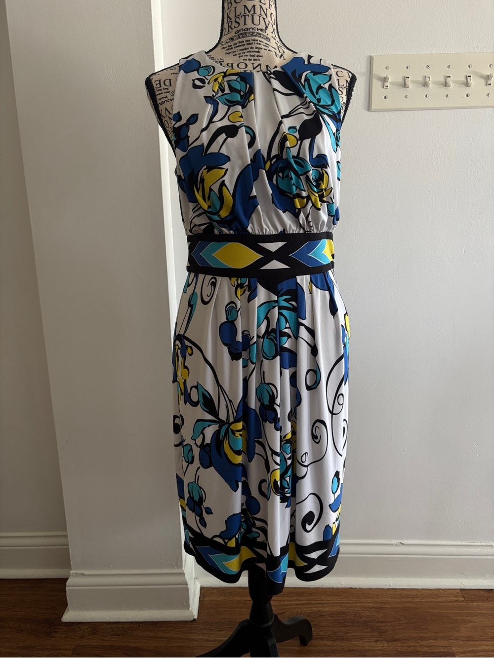 Maggy London White Floral Midi Dress with Blue and Yellow Accents